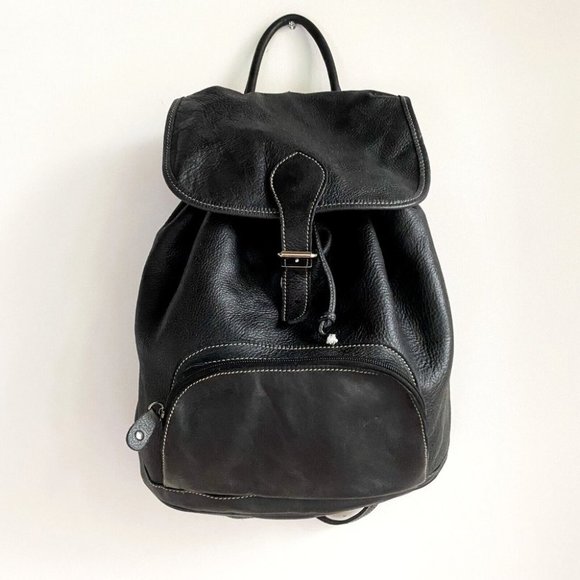Roots Handbags - Roots Black Leather Classic Drawstring Backpack